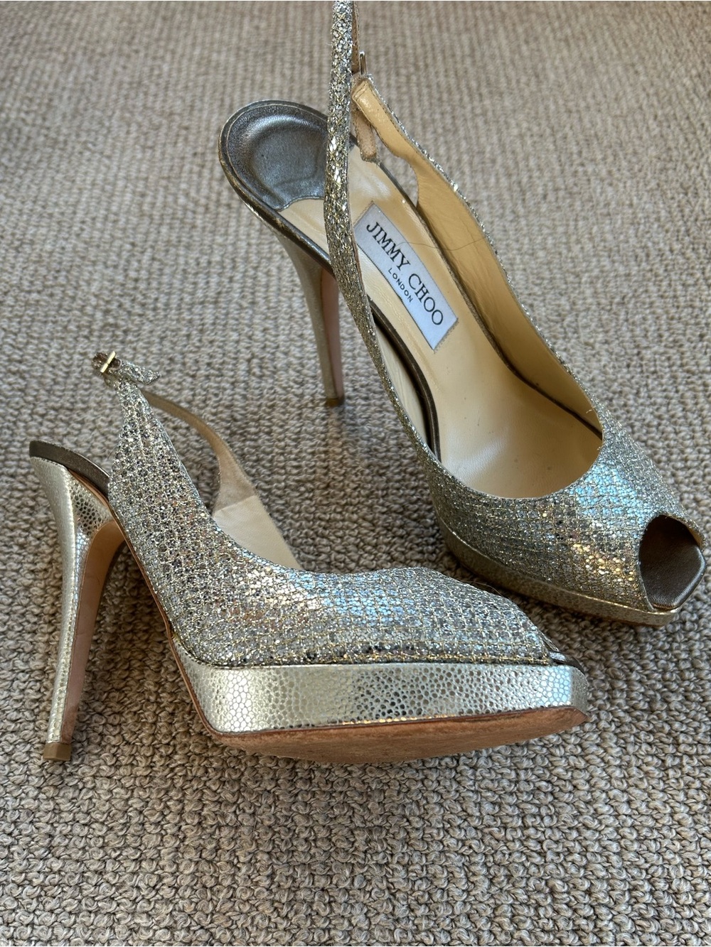 Jimmy Choo Silver Glitter Slingback Peep Toe Pumps